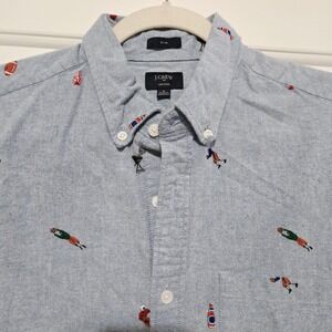 J Crew Mens Oxford Short Sleeve Button  Slim Fit Shirt Football BBQ Print Blue M